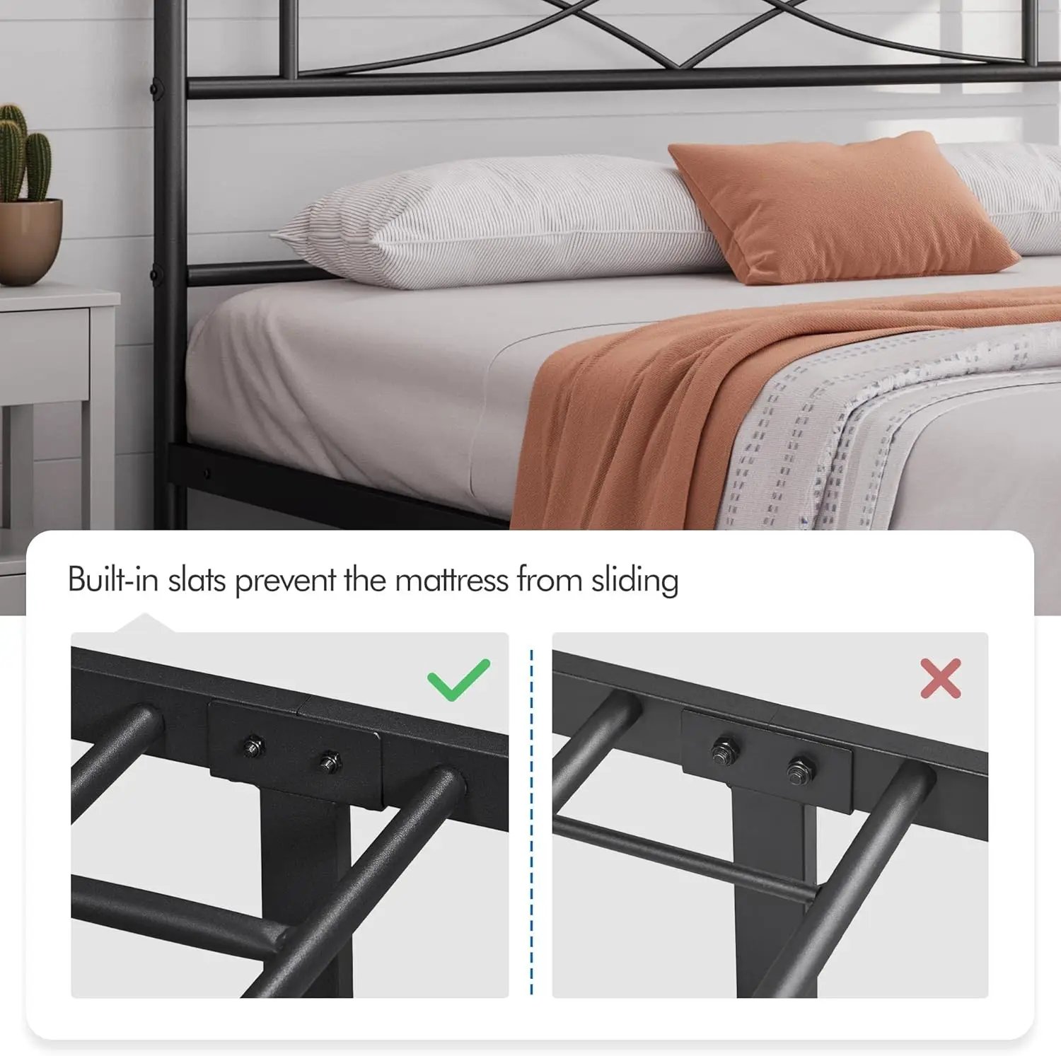 Metalen Full-Size Bedframe, Matrasfundering Met Gebogen Hoofdeinde En Voetensteun, Zware Ondersteuning, Eenvoudig Te Monteren, Zwart