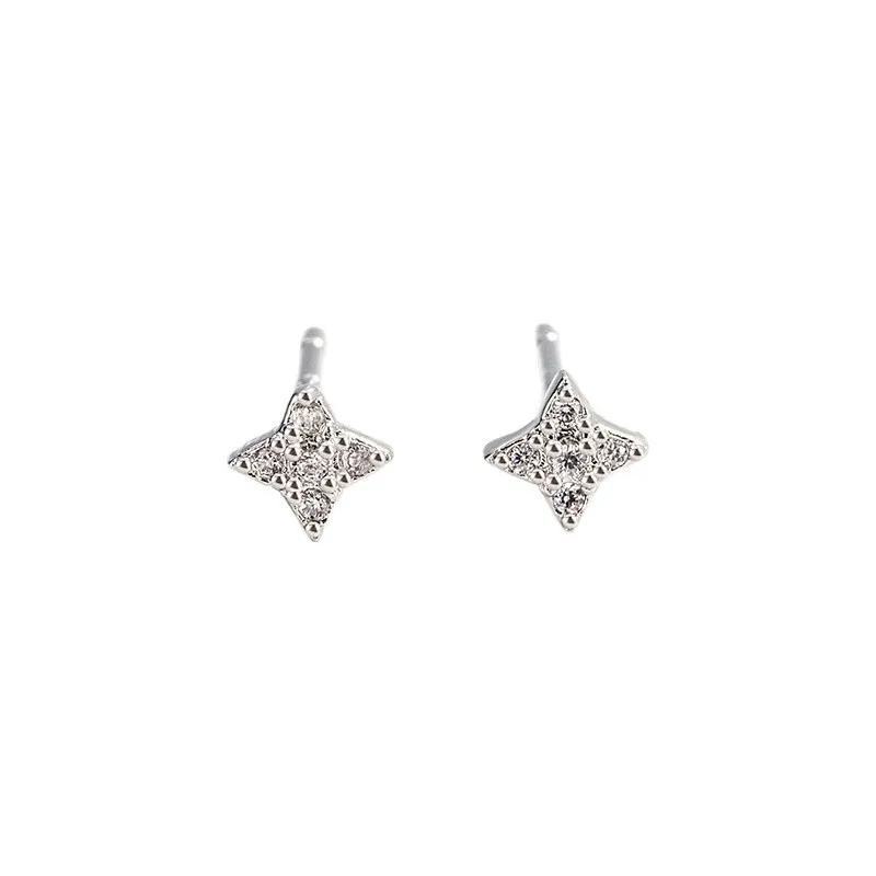 925 Sterling Silver Jewelry Luxury Crystal Four-pointed Star Stud Earrings for Women Wedding Party Jewelry for Girls Friend Gift