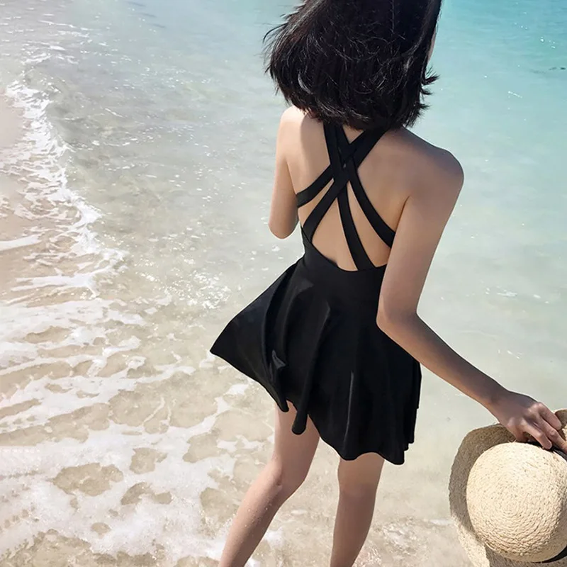 2024 New One-piece Swimsuit Female Skirt Type Belly-shading Thin Backless Hollow Sexy Solid Color Vacation Spa Swimsuit