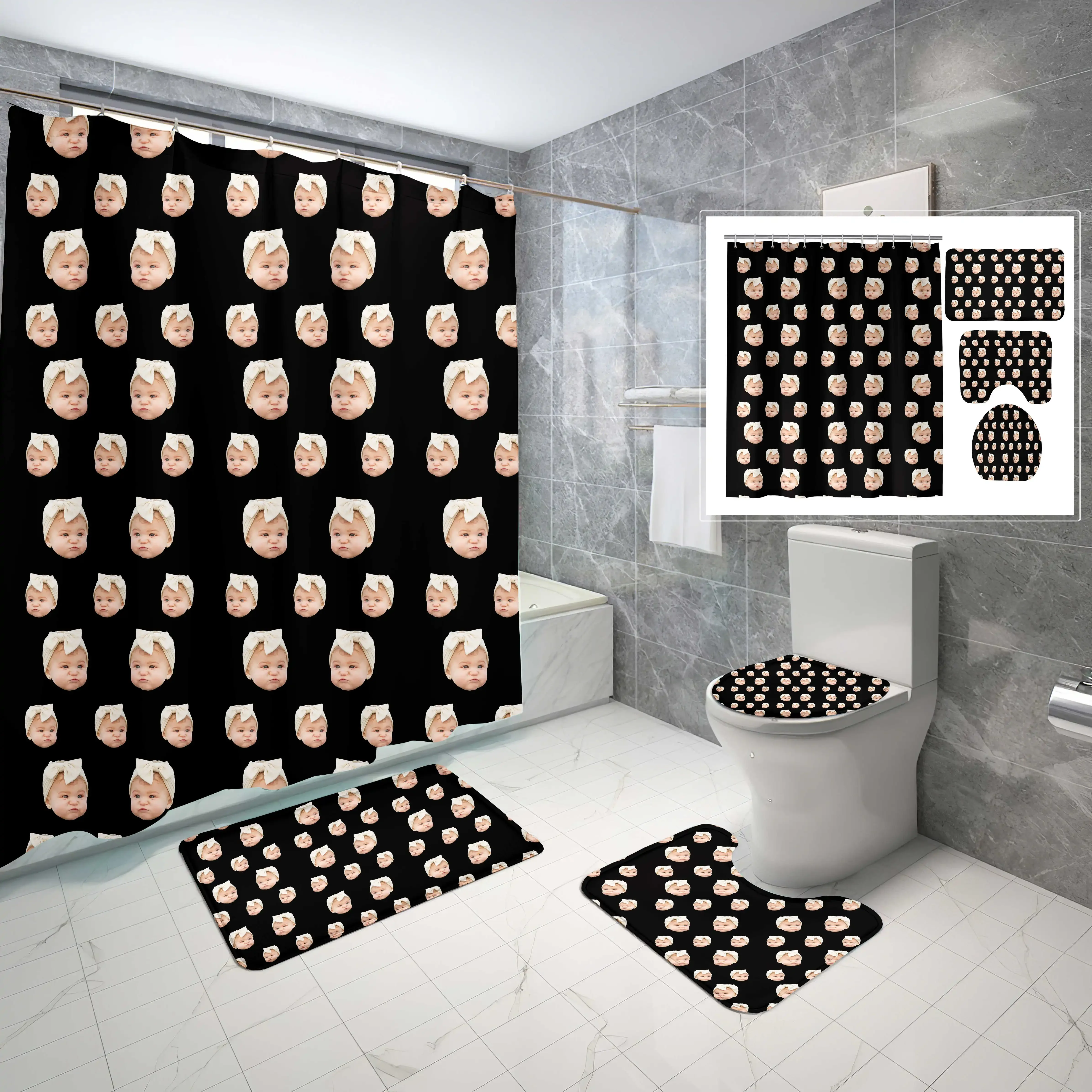 New Personalized Human Face Bathroom Set Waterproof Shower Curtain with Hooks Toilet Cover Mat Bath Decor Customized 4Pcs/set