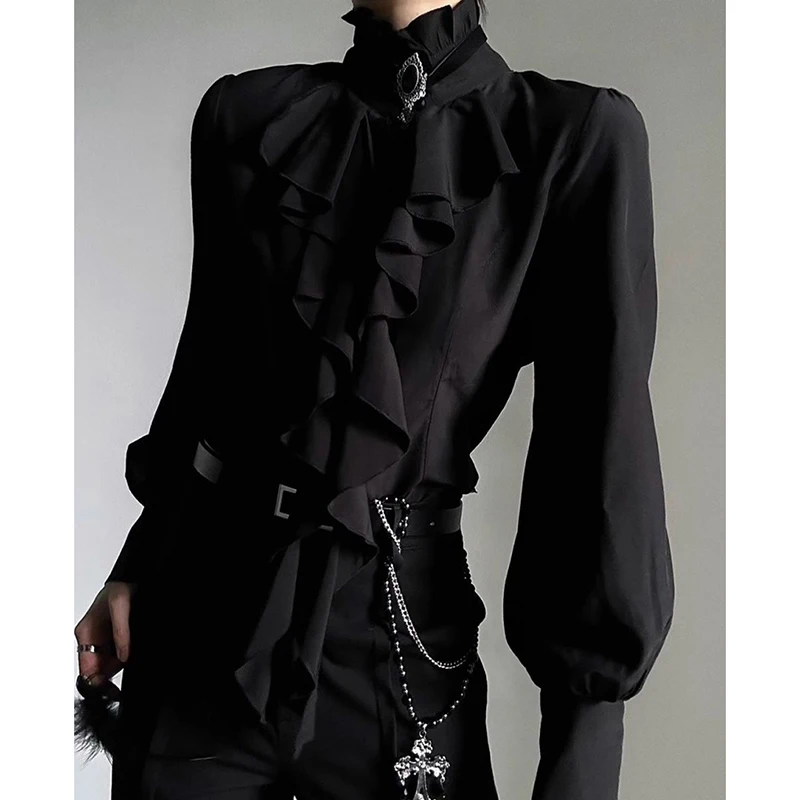

Dark Japanese Victorian Vintage Gothic Blouse Black Lantern Sleeve Ruffle Shirt Harajuku Y2K Punk Streetwear Cosplay Top