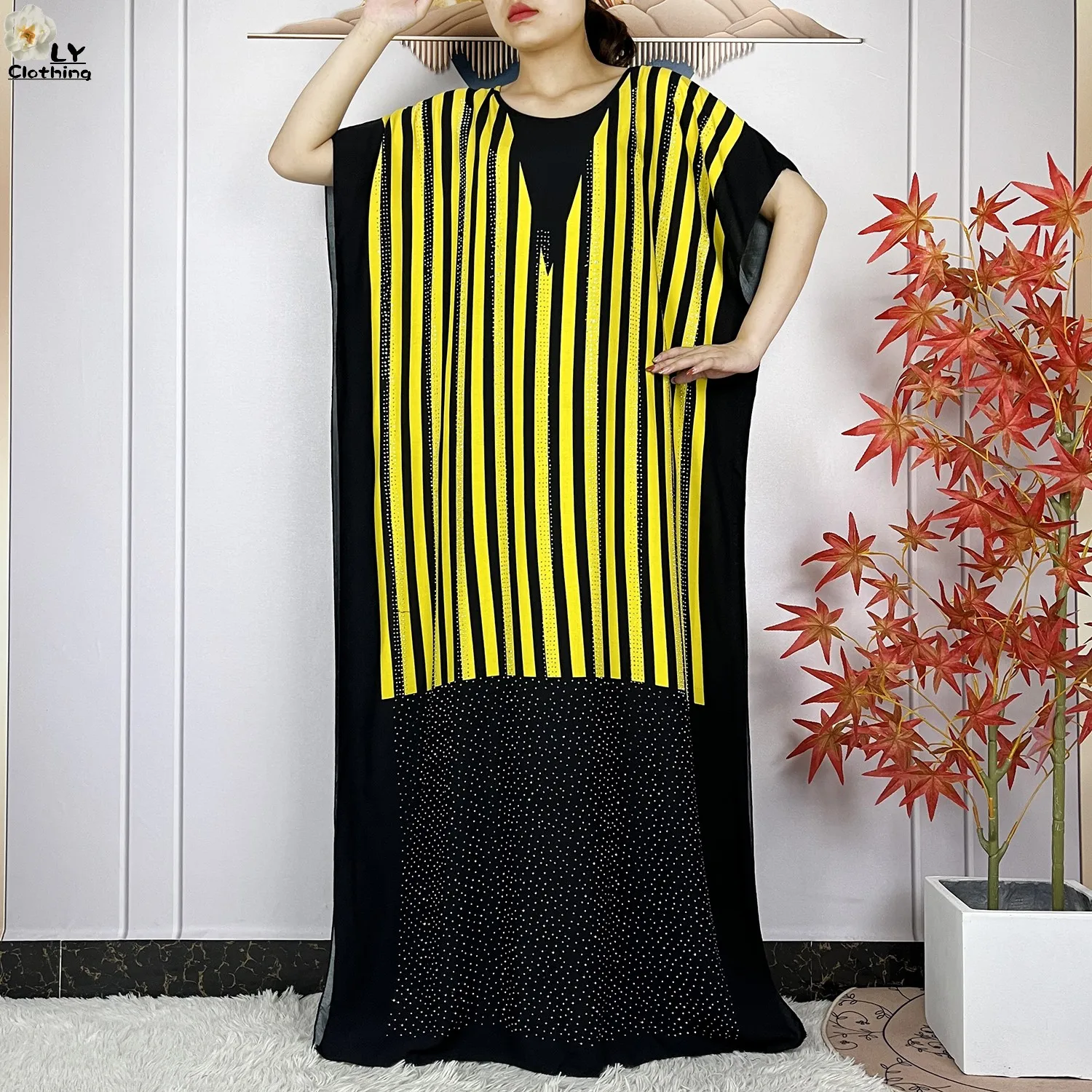 New Dubai Party Summer Short Sleeve Cotton Dresse With Big Scarf Diamonds Stripe Printing Lady Loose Robe African Islam Clothing