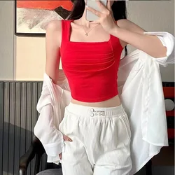 Summer Slim Solid Sexy Tank Top Women's Red Fold Corset Crop Top Square Neck Backless Camis Tops Coquette Gyaru Y2k Clothes