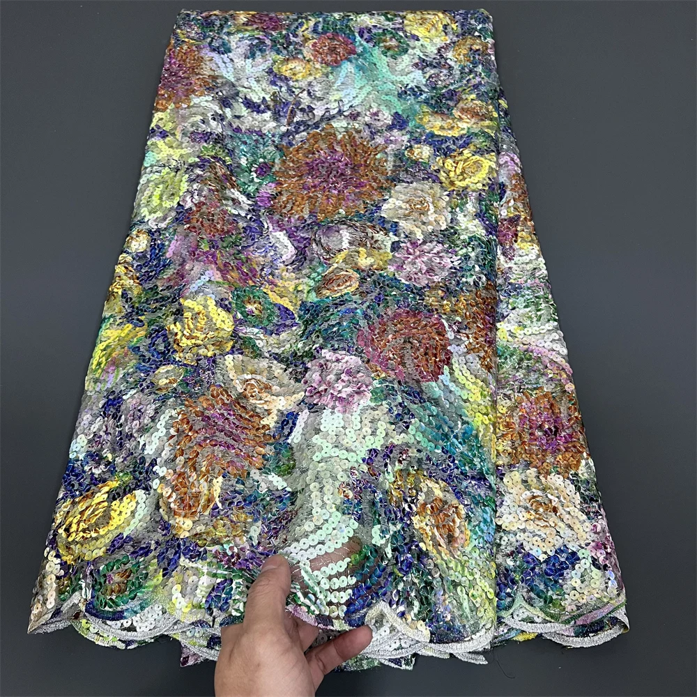 African Nigerian Sequins Sewing Net Cloth,Tulle Lace Fabric, Prom Dresses Beads,Embroidery, High Quality, 5Yad , PS0065, 2025
