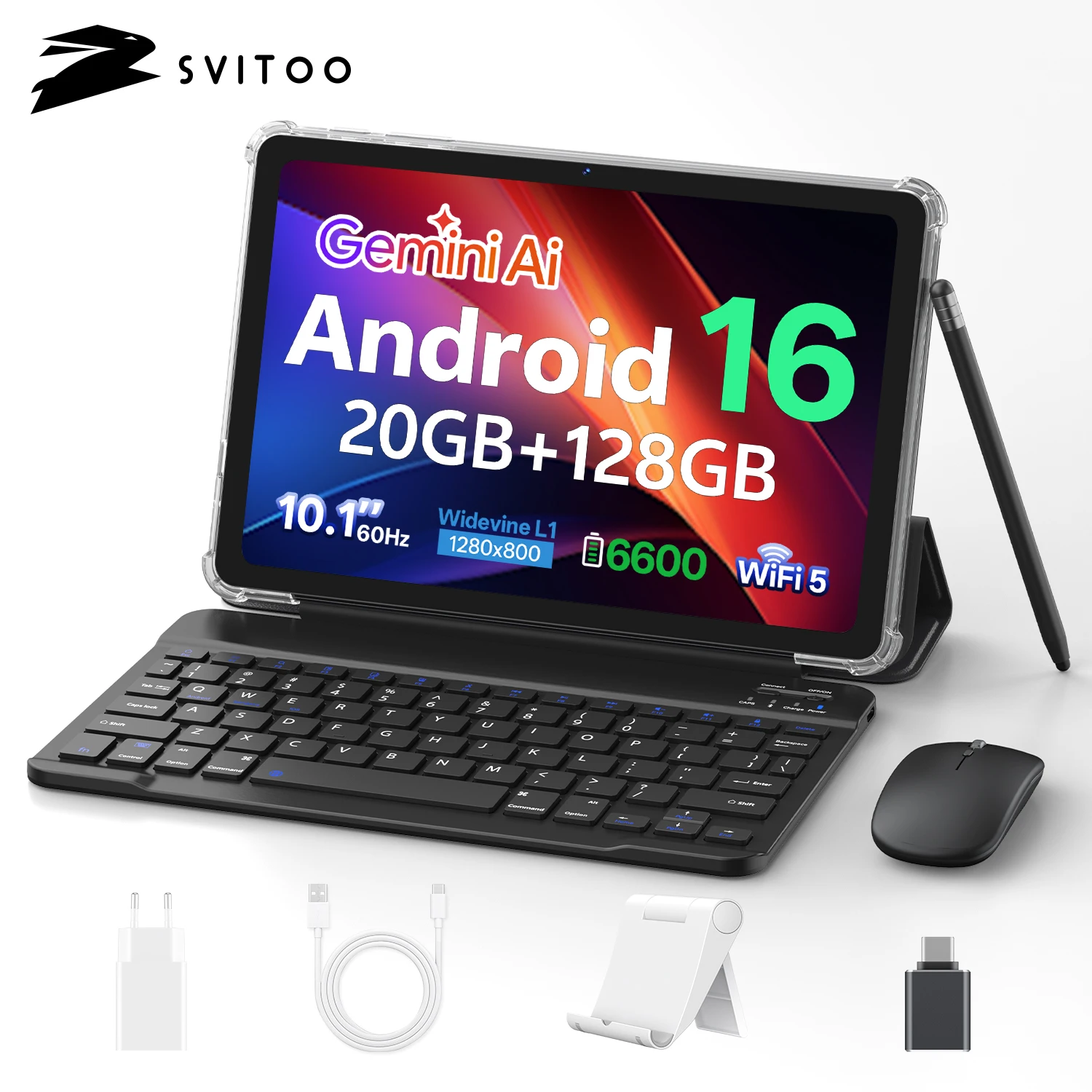 Tableta SVITOO 2026 Android 16 Pantalla IPS de 10.1 pulgadas Procesador Octa-Core 20GB RAM 128GB ROM Ampliable hasta 1TB Batería de 6600mAh Wi-Fi 5 Bluetooth 5.0 GPS Incluye funda Teclado, ratón y lápiz óptico Español