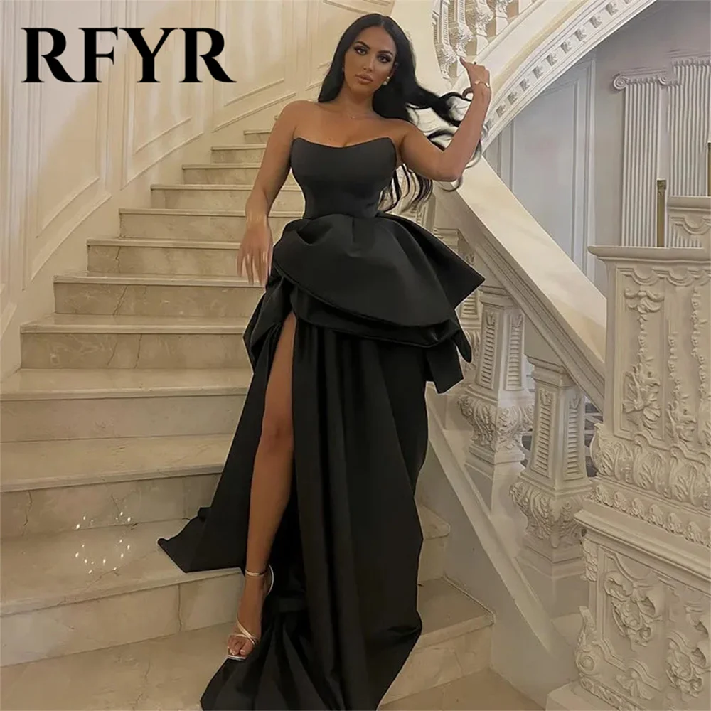 

RFYR Black Prom Dress Strapless A-Line Sleeveless Evening Dresses Layered Satin Party Dress Sexy High Side Slit Robe De Soirée