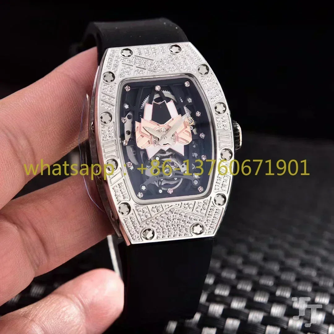 Luxury Women Lady Girl Automatic Mechanical Watch Iced Diamonds Black Rubber Stainless Steel Luminous