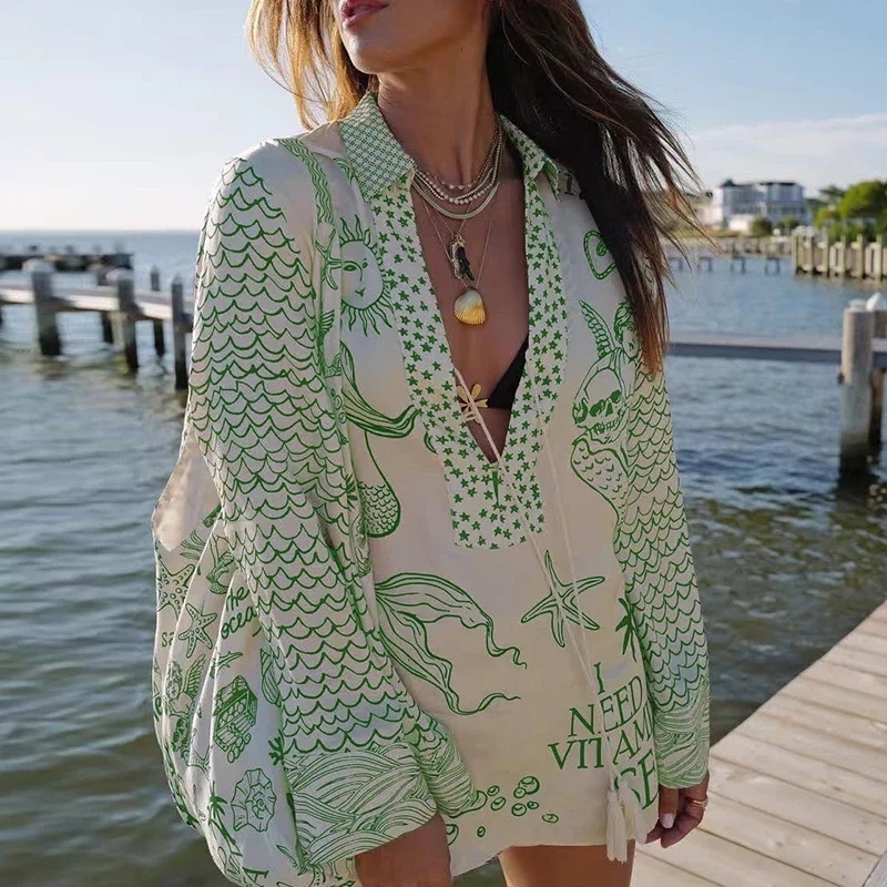 Women Group Of Pants Set Lady Pattern Print V-Neck Long Sleeve Shirts&Shorts Vacation Outfits Summer Satin 2Pcs Temperament Suit