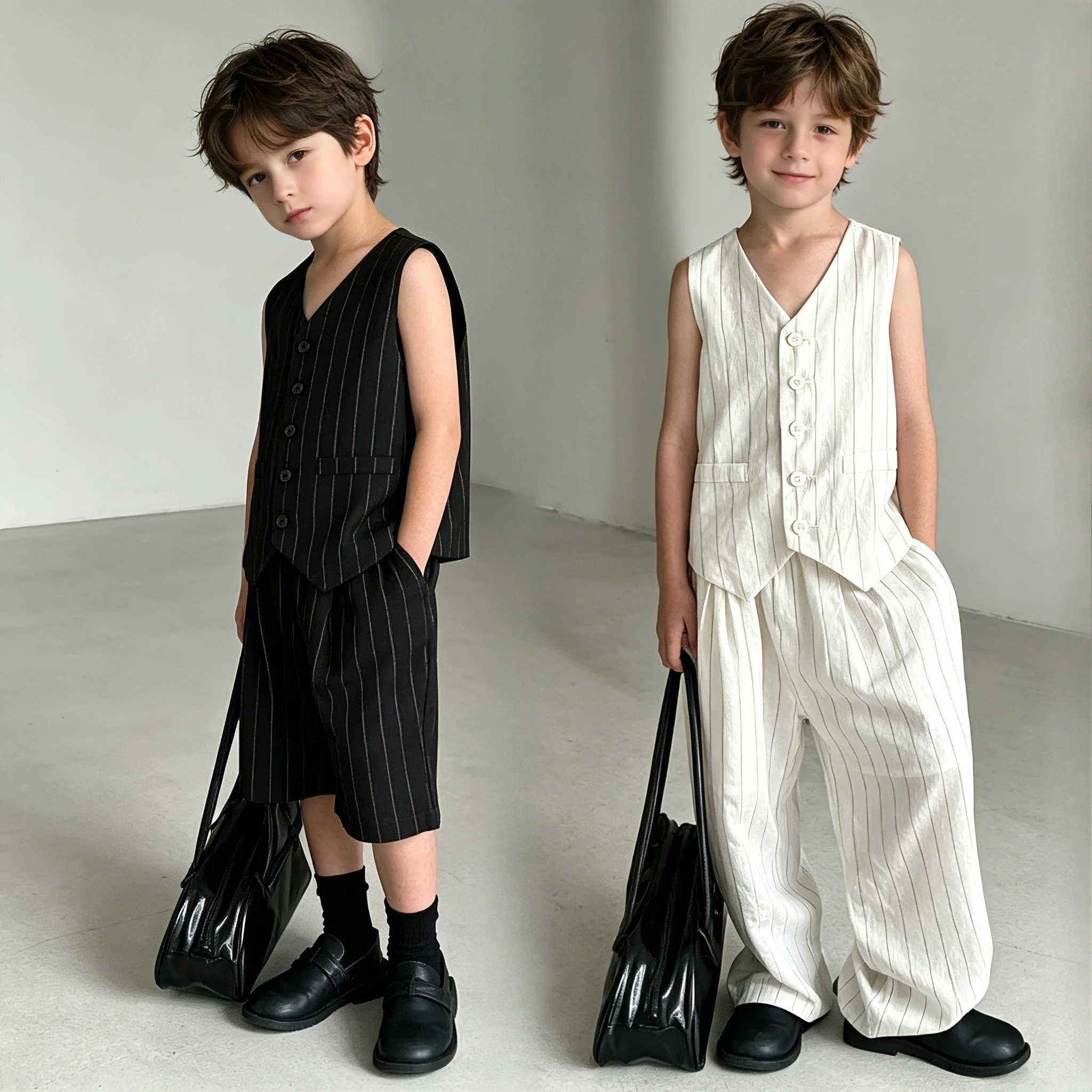 

Boys Suit Set Fashion Black White Stripes Vest Trousers 2-pieces Summer Loose Thin Girls Shorts Outfits 2-12 Y Children Clothing