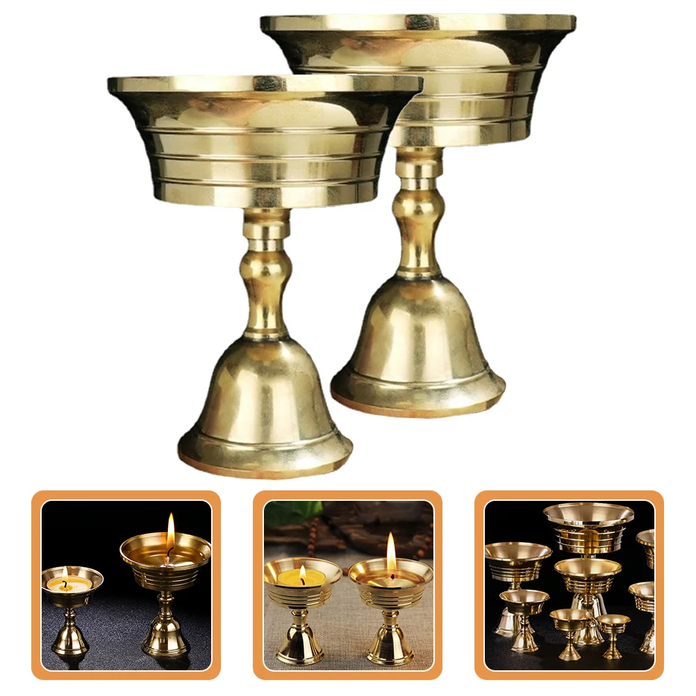 2 Pcs Brass Ghee Lamp Holder Cone Hall Use Stick Liquid Temple Retro Candlestick Copper Stand Holders Gold