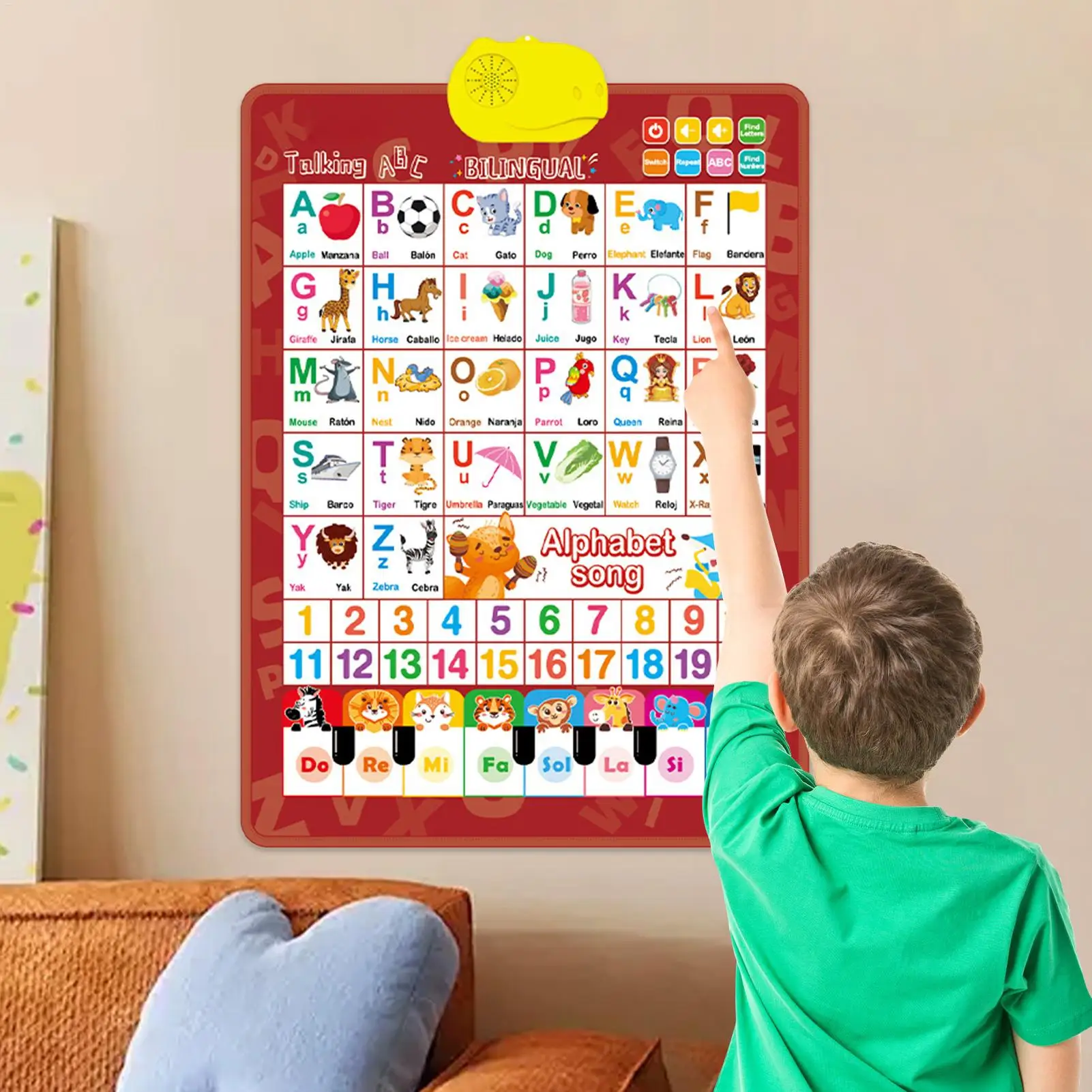 Talking Wall Charts for Kids Bilingual Alphabet Numbers English & Spanish Learning Poster with Music for Kids Boys Girls Age 1-6