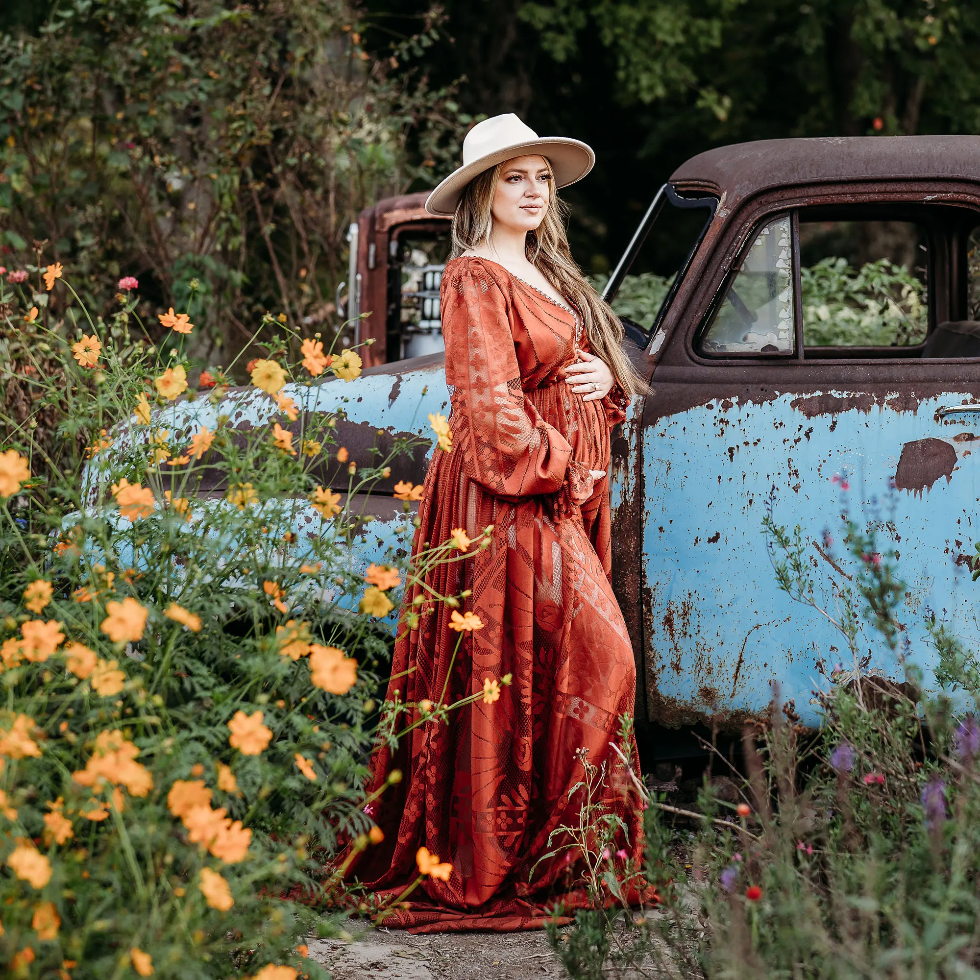 

Don&Judy Boho V-neck Maternity Photography Maxi Dress Floral Print Lace Pregnancy Photo Shoot Dress Long Robe Woman Wedding Gown