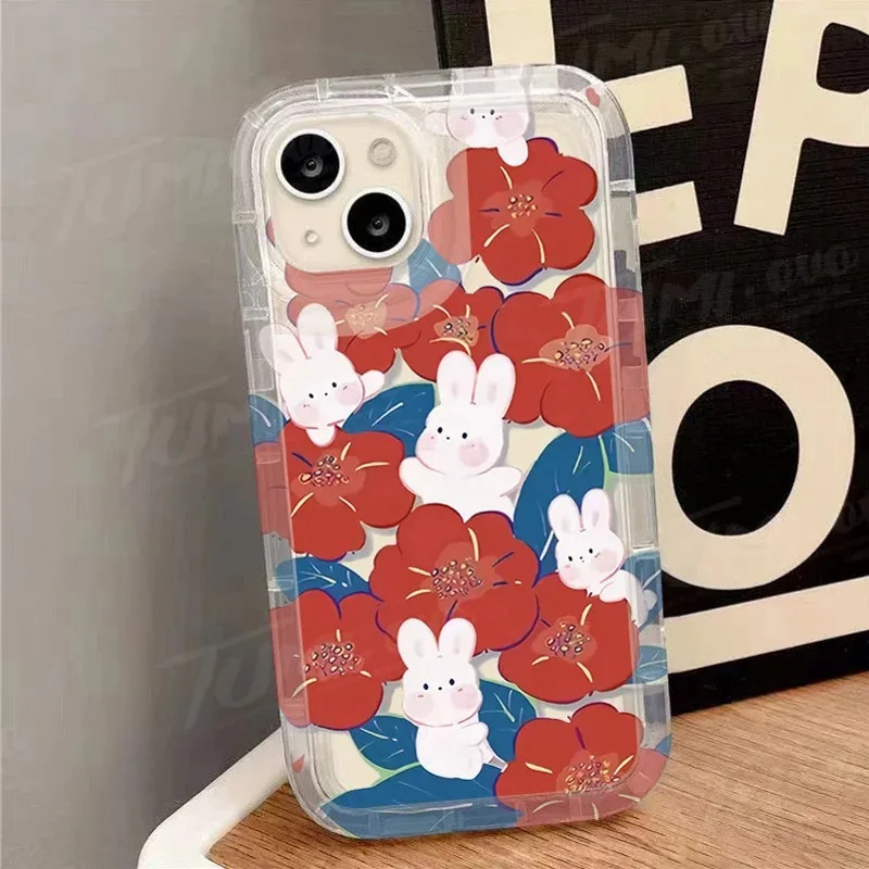 Cute Rabbit Colorful Flower Case for iPhone 16E 16 15 14 13 12 11 Pro Max XR XS X 8 7 Plus SE 2020 2022 Shockproof Clear Cover