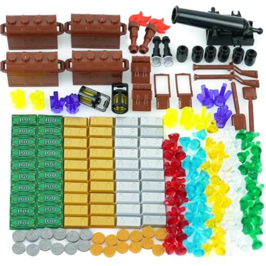 Cofre del Tesoro Pirata, Dinero en Dólares, Gemas Doradas y Plateadas, Cristales, Bolsa, Antorcha, Cañón, Ladrillos, Paquete de Accesorios, Bloques de Construcción, Juguete