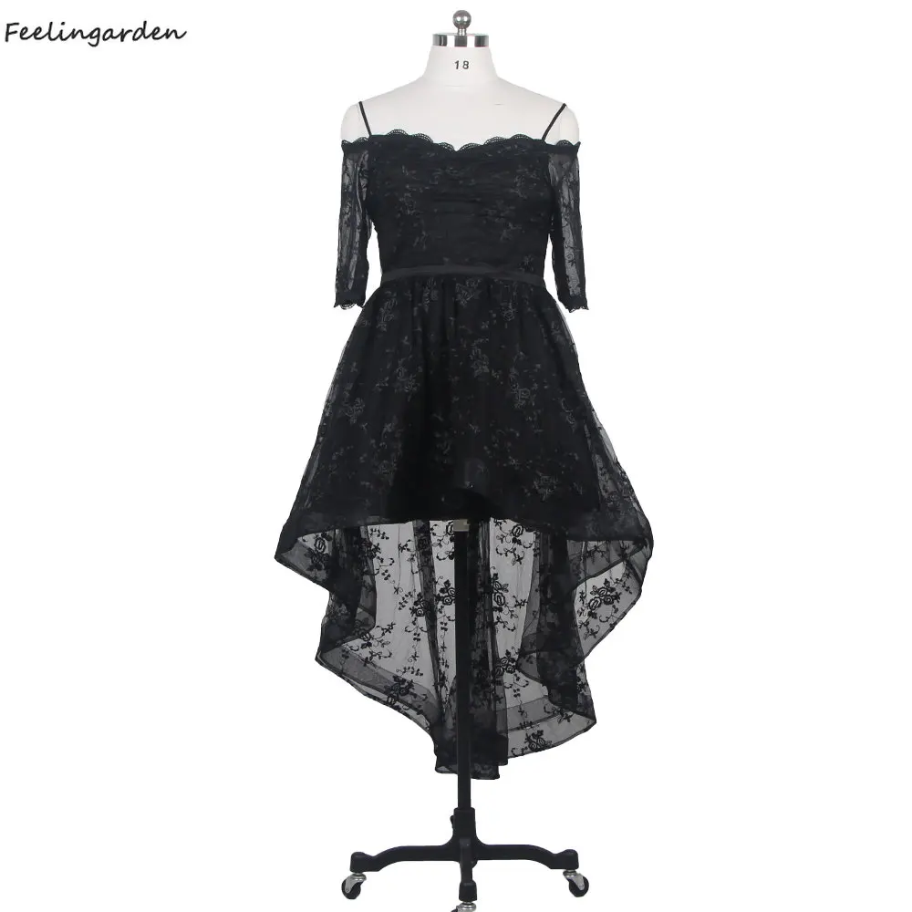 

Feelingarden Black Evening Dress Lace Off the Shoulder Asymmetrical Tea-length Lace up Plus size Women Party Dresses T475