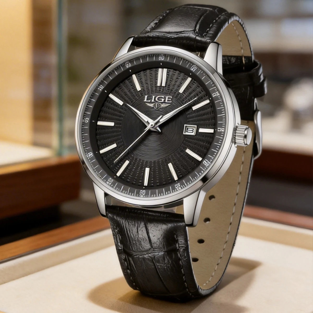 LIGE Top Brand Men's Watch Simple Business Waterproof Calendar Leather Strap Male Fashion Quartz Watches +Box