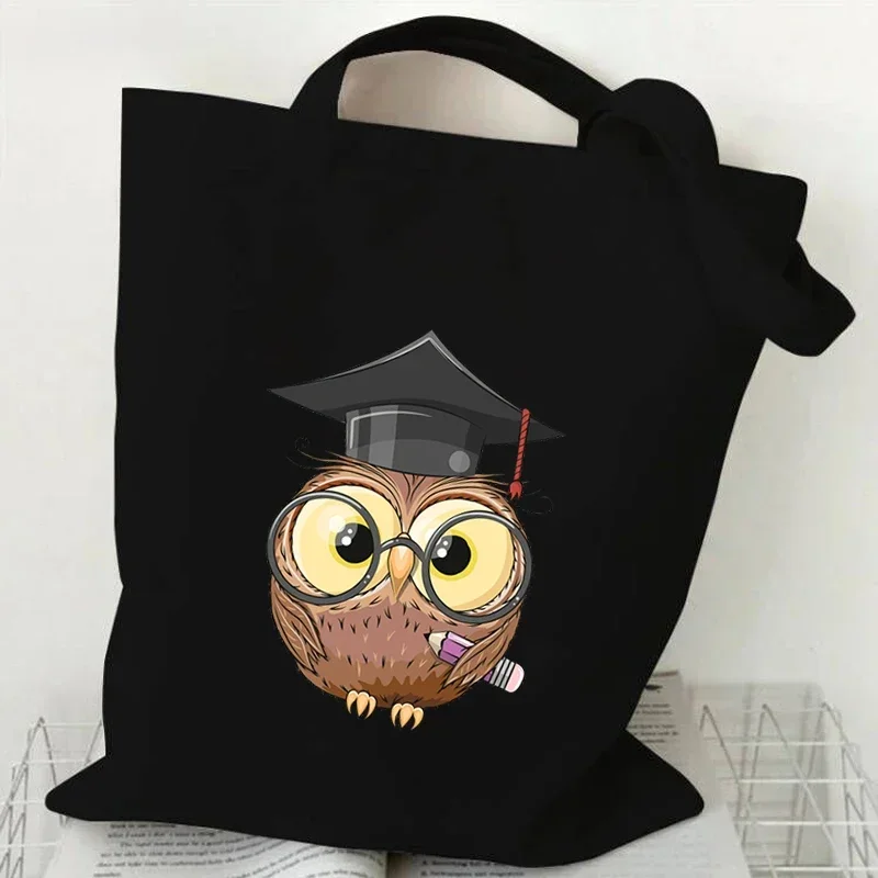 Cartoon Owl  Hand-painted Print Women Handbag Fashion Tote Bag High-capacity Reusable Shopping Bag Kawaii Animal Lady Canvas Bag