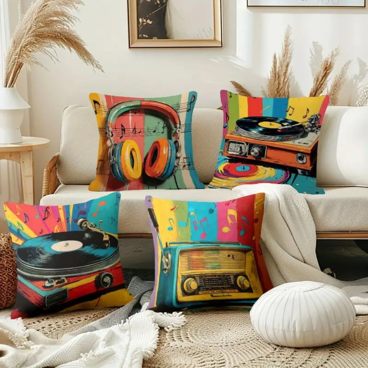 4PCS Colorful Retro Music Pillow Case Vintage Headphone Turntable Cushion Cover, Pop Art Decor, Soft Sofa Throw Pillow Slipcover