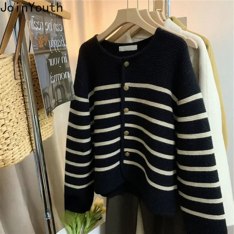 Korean Cardigan Jackets Women Clothing O-neck Loose Thicked Sueter Pull Femme Fashion Striped Casual Vintage Knit Sweater Tops