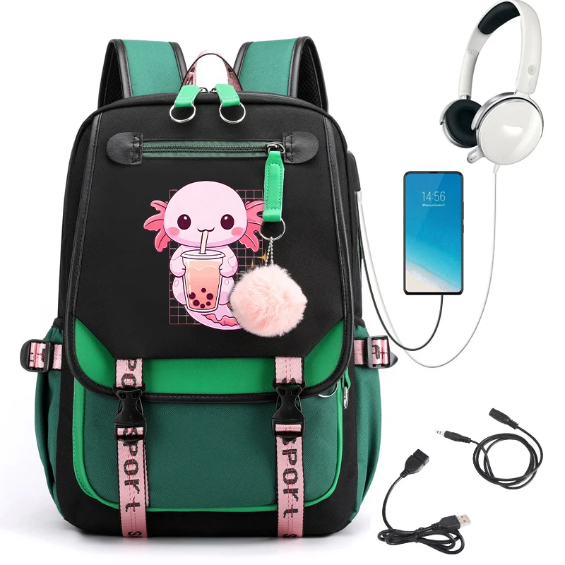 Girls Backpack Cartoon Kawaii Axolotl Mermaid Cute School Bags for Student Teens Pockets Women Laptop Backpack Harajuku Bag