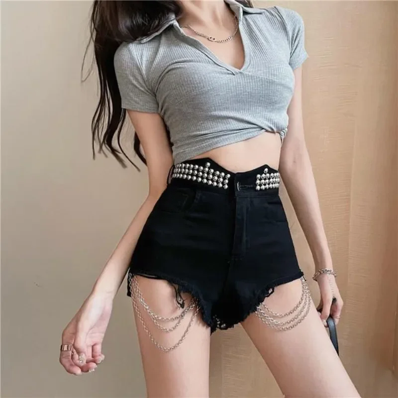

High Waist Metal Chain Short Jean Pants Woman XL Outfits Elegant 2000s Clothes Y2k Normal New In Harajuku Denim Shorts for Women