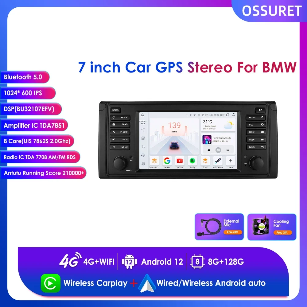 

7" Wireless Carplay Android 12 for BMW 5 Series X5 E39 E53 1996-2007 Car Radio Multimedia Player GPS Navigation Audio Stereo RDS