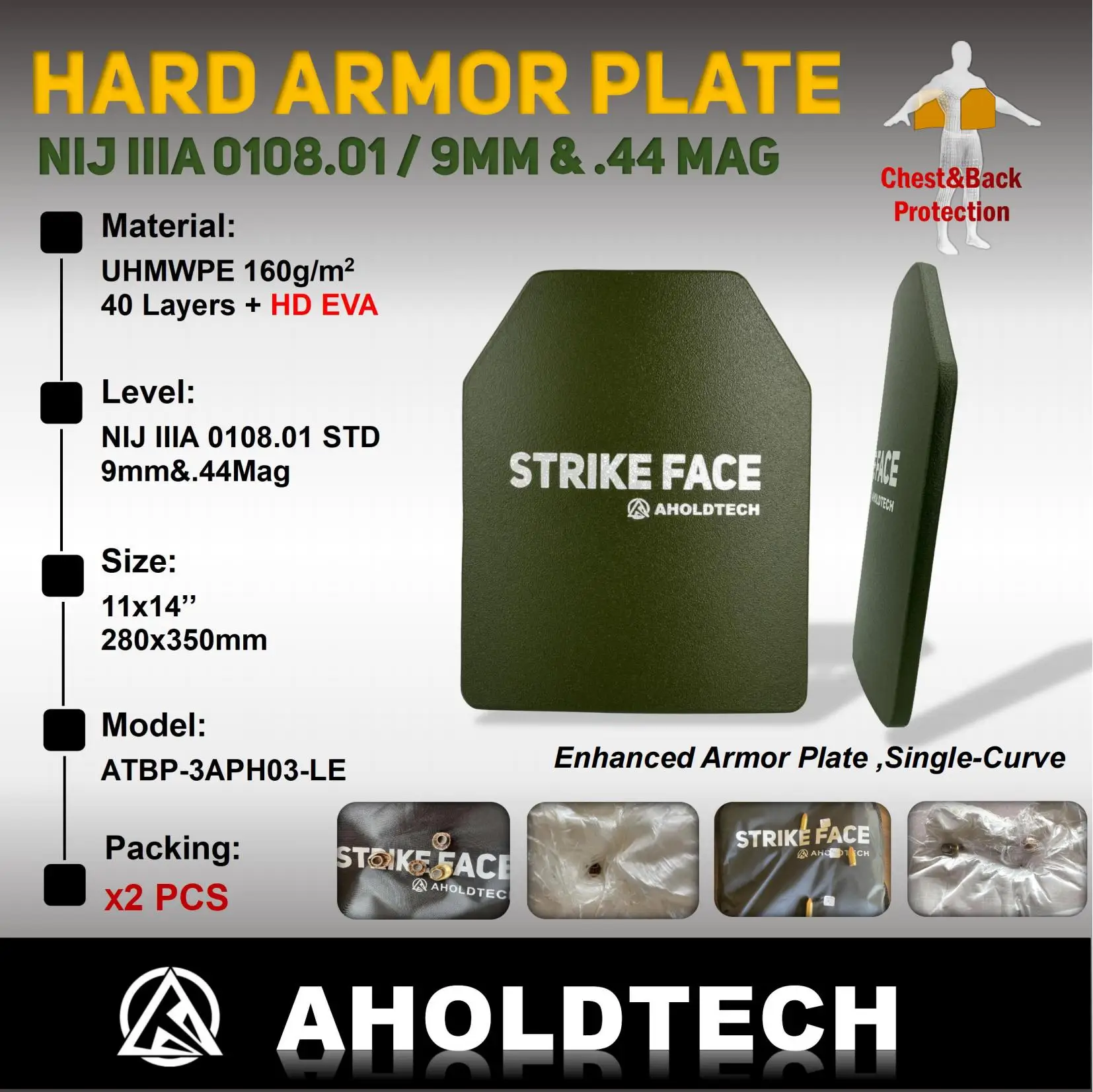 

Aholdtech Genuine Enhanced Linex Multi/Single Curve NIJ IIIA 3A Lightweight Hard Armor Ballistic Bulletproof Plate