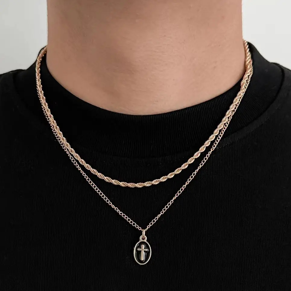SHIXIN 2Pcs/set Hip Hop Oil Dripping Cross Pendant Necklaces Men Punk Gold Color Twisted Rope Box Chains Choker Fashion Jewelry