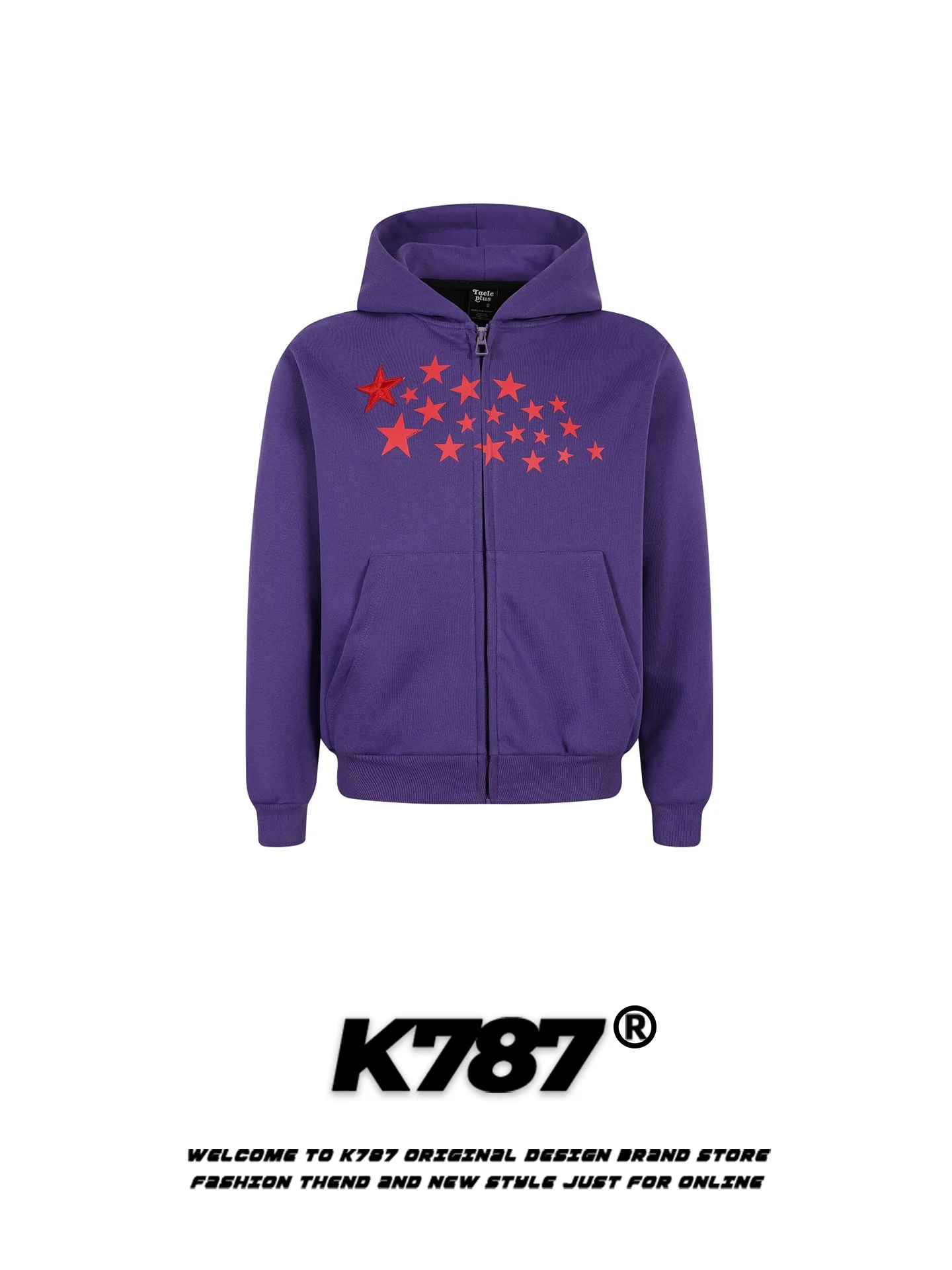 

K787 American Sle Casual Hooded Zipper Sweatirt ex Loose Trendy Star Print Outerwear for Couples Youth Faion