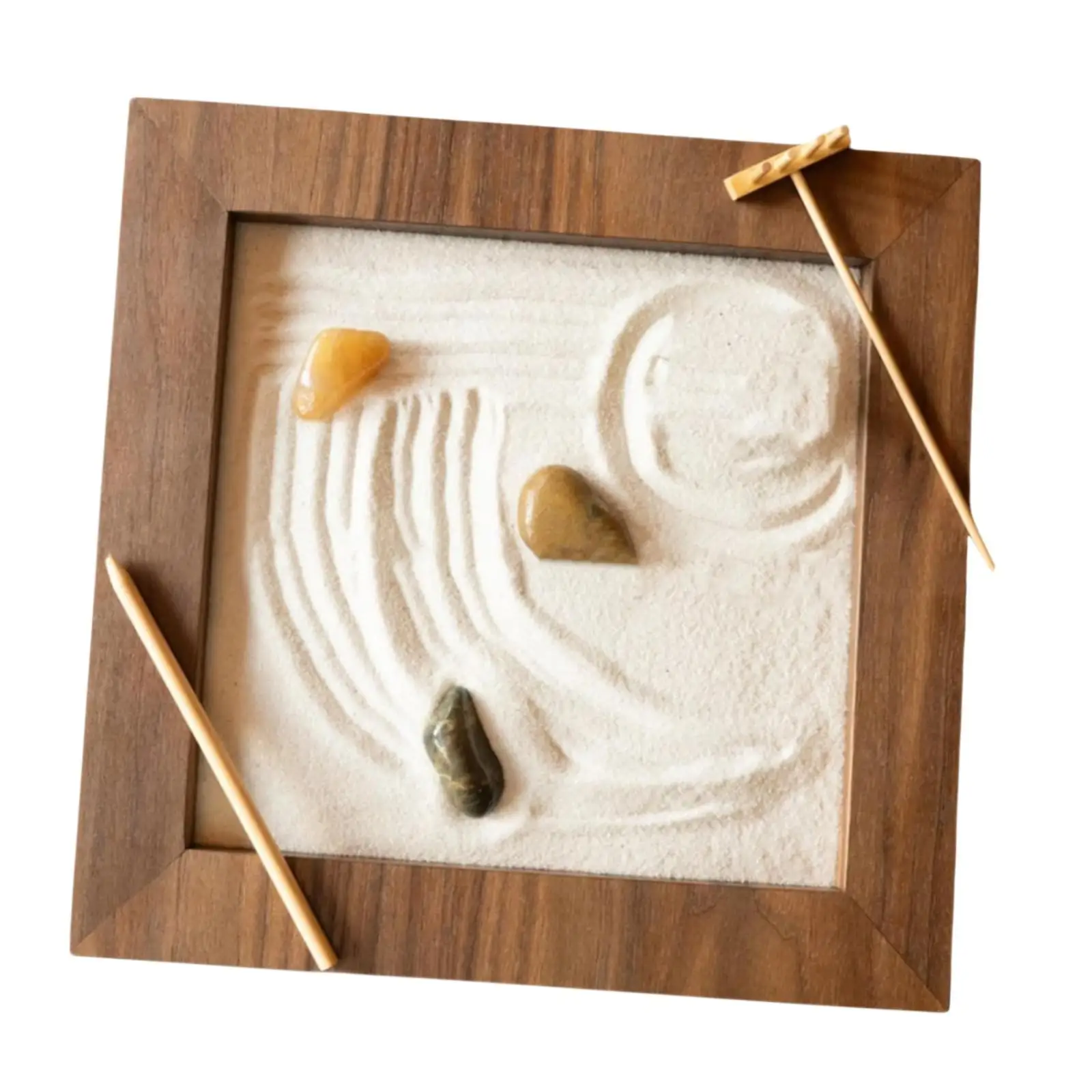 Desk Zen Garden Wooden Sand Tray Multicolor Pebbles Accessory Kit Tabletop Decor for Home Office