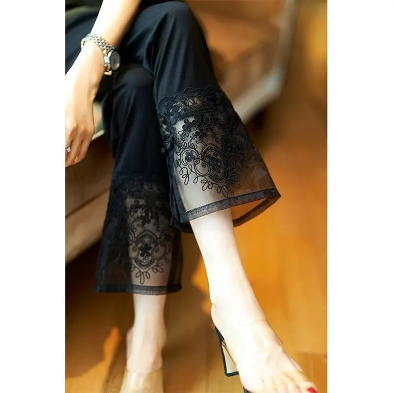 

Summer Spliced Lace Hollow Out Seven Point Straight Tube Smoke Pipe Pants Outerwear Fashionable Casual Versatile Thin Leggings