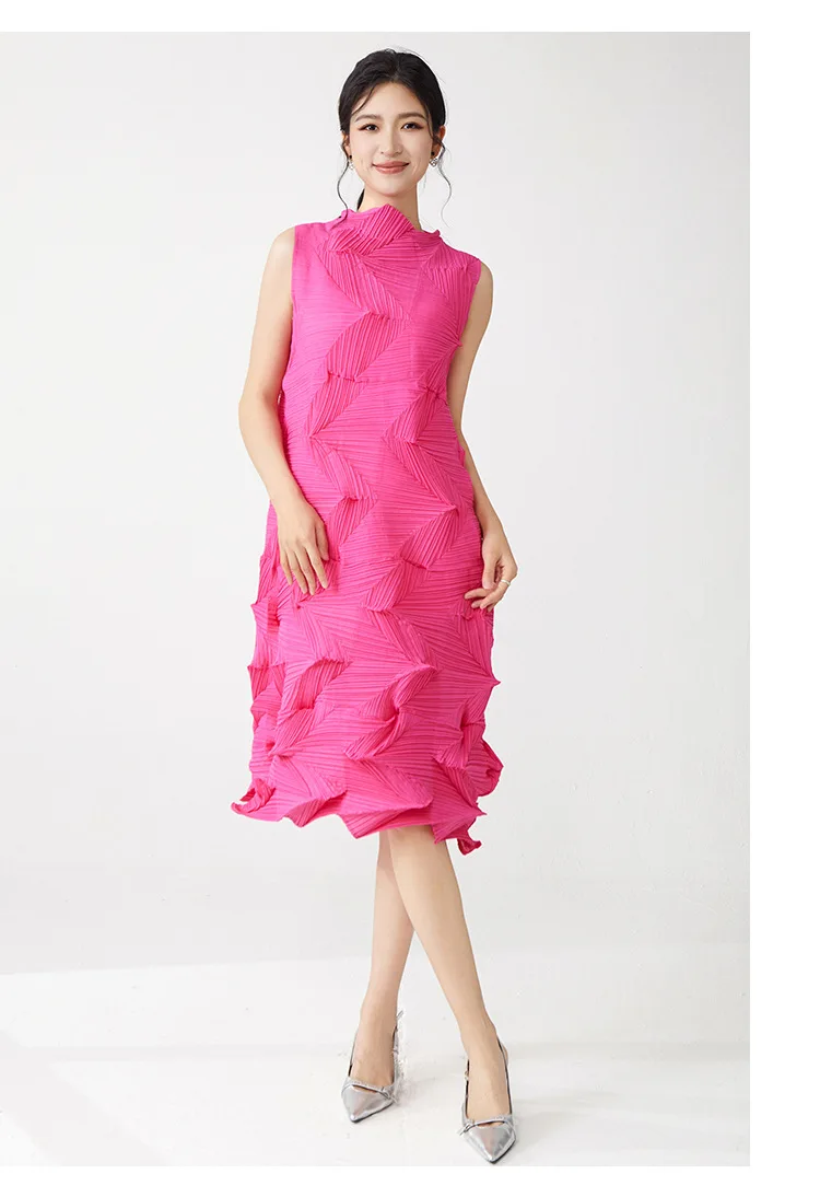 Miyake Plissierter Einfarbiger Rock 2025 Sommer Neues Kleid Elegantes Ärmelloses Loses Vielseitiges Midikleid – Detail 5