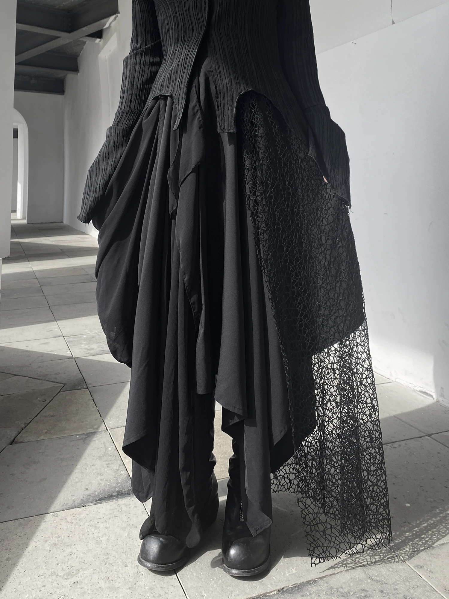 Dark Pioneer Heavy Industry Mesh Skirt with Various Fabric Splicing Breathable Polyester A-Line Skirt for Casual Wear