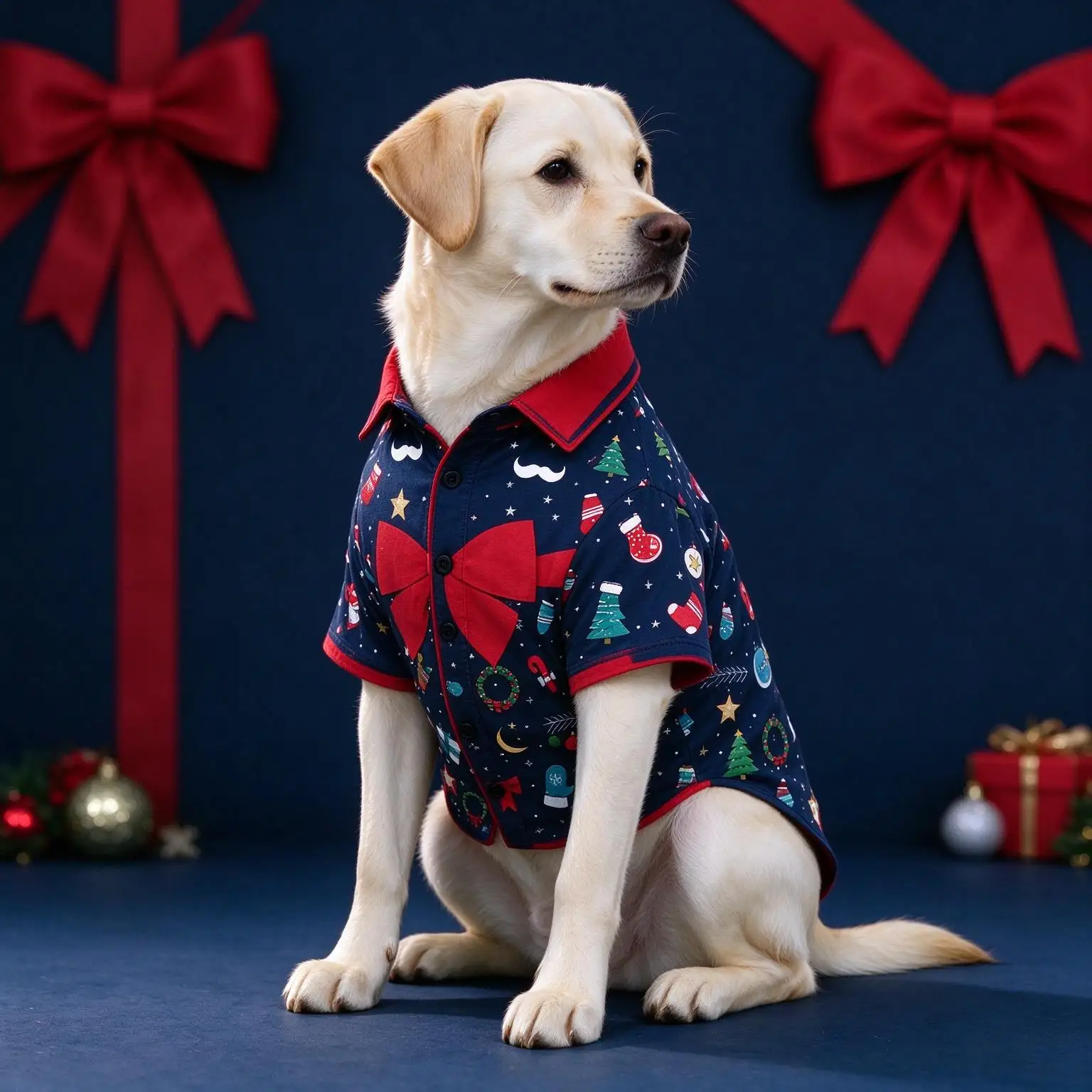 Pet Christmas Button Down Shirt, Cute Penguin Bell Xmas Element Print Clothes for Cats & Dogs, Short Sleeve Lapel Outfit