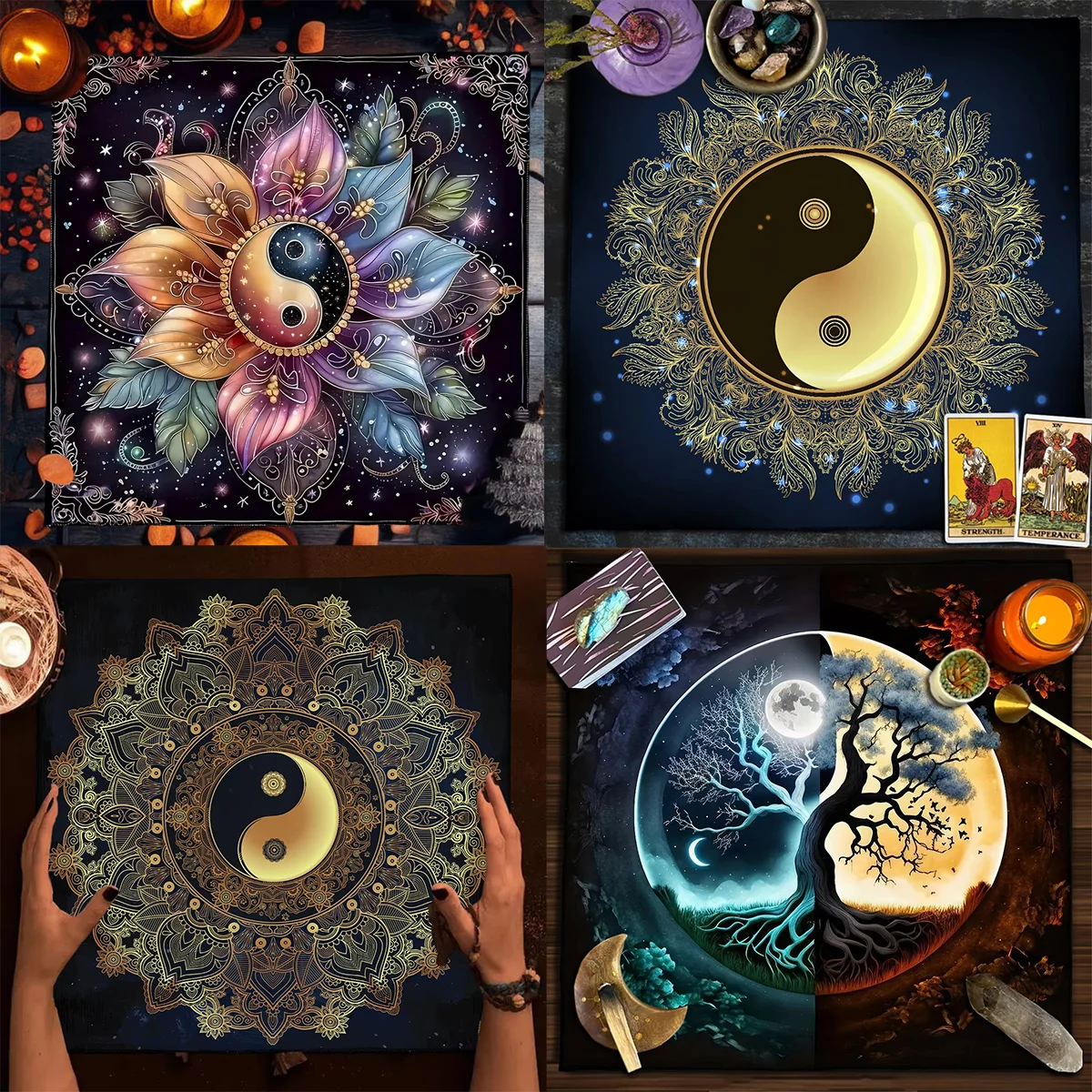 Yin-Yang Mandala Tarot-Tischdecke Wicca Altartuch Sternenhimmel Blumenmuster Wahrsagematte für Tarot-Lesungen Spirituelle Dekoration
