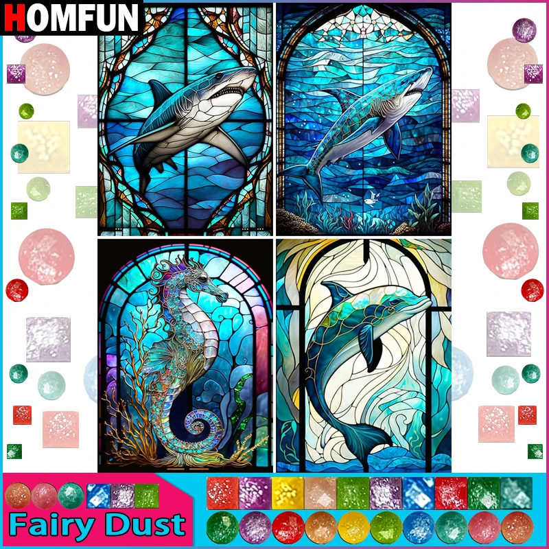 HOMFUN-Fairy Dust Pintura Diamante com Bordado Diamante, Tubarão Seahorse, Praça cheia e Imagem Redonda, Decoração Rhinestone