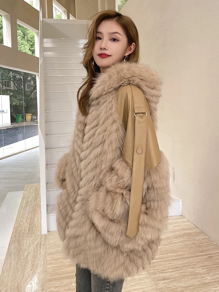 2023 New Fox Fur Coat Women Warm Fur Parka Hooded Jacket High Quality Real Sheepskin Fox Fur Coats Loose Fourrure et manteau