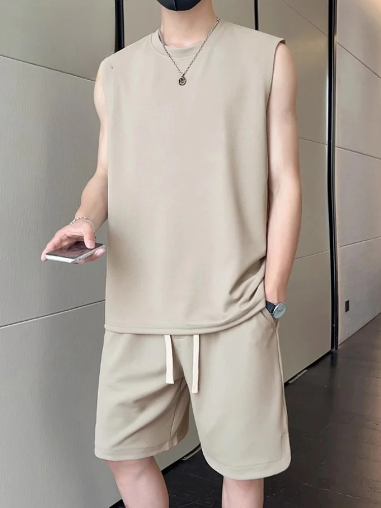 High-End Ice Silk Sleeveless T-Shirt Men's Set 2026 New Summer Sport Vest Casual Shorts  Business Casual Fashion
