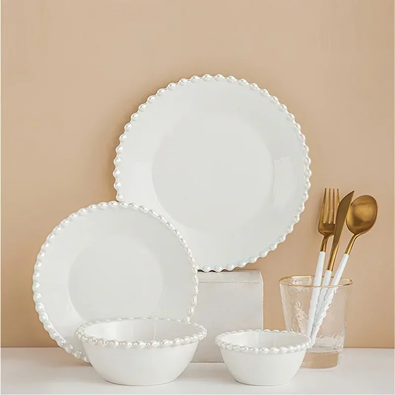 Ceramic Tableware Set Nordic Creative Pearls Beaded Edge Western Food Snack Plate Rice Bowl Soup Bowl Steak Plate Set Kitchen