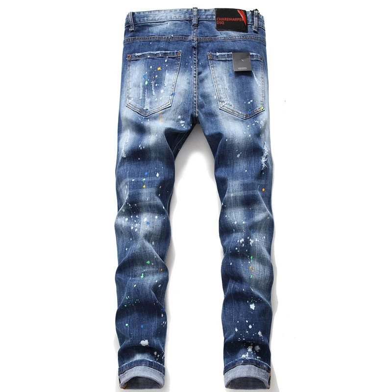 100Chareharper dsq 1045 Men\'s small straight leg embroidered jeans Ripped Fabric Stretch Paint Splash badge jeans