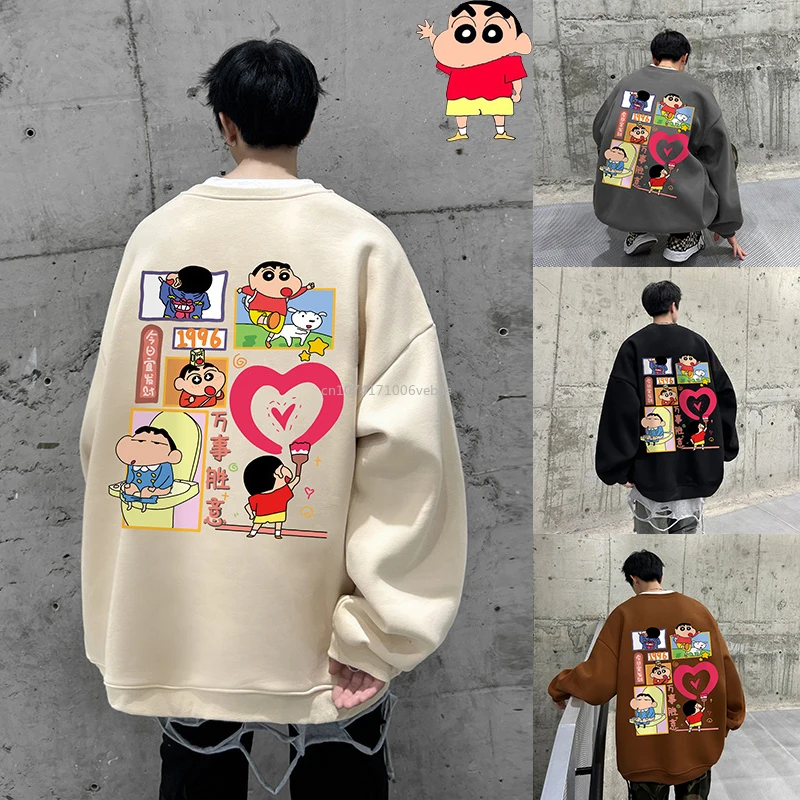 Autumn Cartoon Anime Crayon Shin-Chan Round Neck Long sleeved Cute Loose Pullover Cartoon Print Ins Couple Casual Top