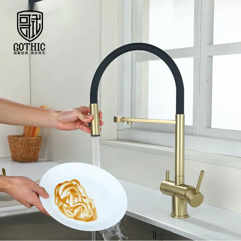 

Gun Gray Universal Rotating Put Out Kitchen Faucet Brushed Gold Pure Water Three-in-One Direct Drinking Water Mixer Sink Tap