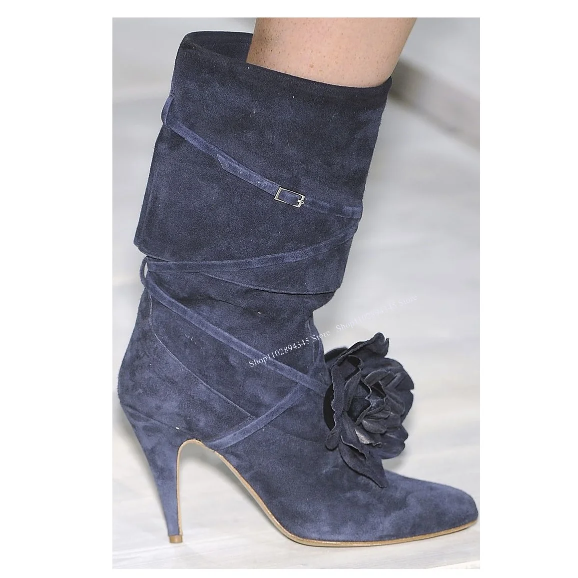 Blue Mid Calf Flower Decor Denim Boots Thin High Heel Pointed Toe Cool Sexy Fashionable Winter 2024 Woman Shoes Zapatillas Mujer