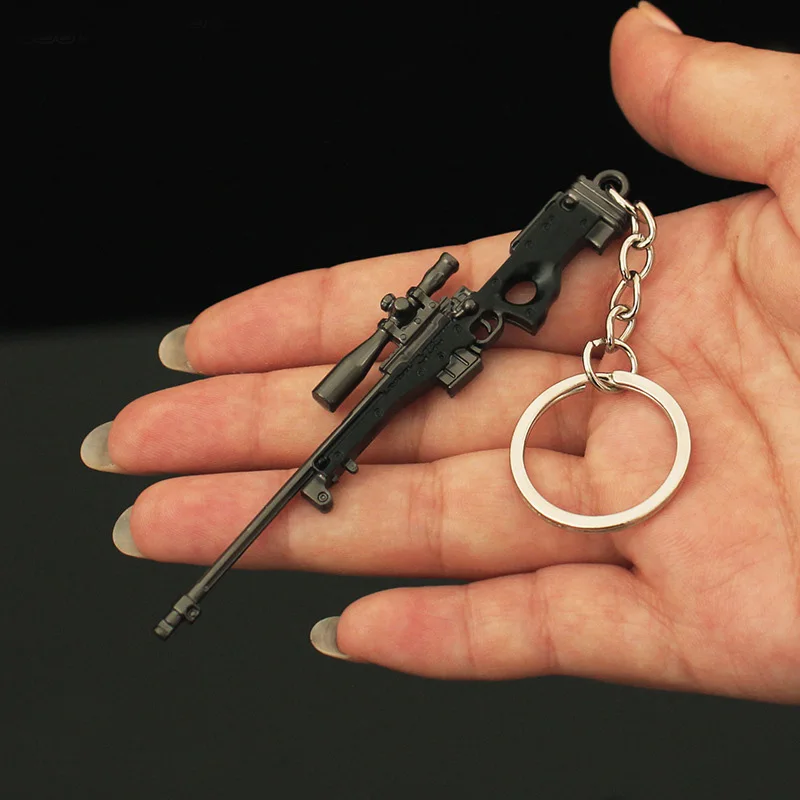 9cm PUBG Mini AWM Weapon Model Keychain for Men Boys CSGO Black Enamel Metal Pendant Key Ring Finder Fans Collectible Jewelry