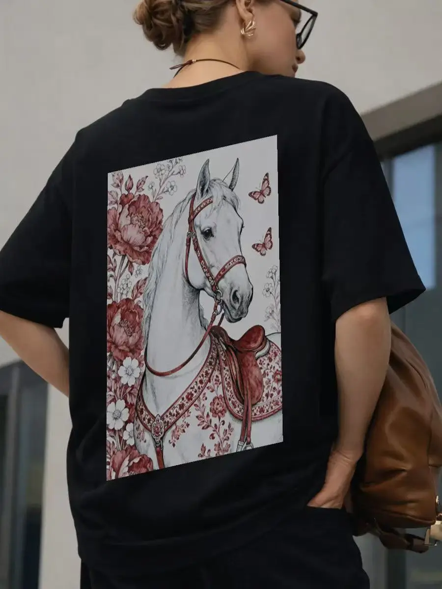 Red Patterned Harness Art Chic Back Printed Pure Cotton Y2k Gothic Oversized Tshirt Female Clothes Streetwear Harajuku Top 2026