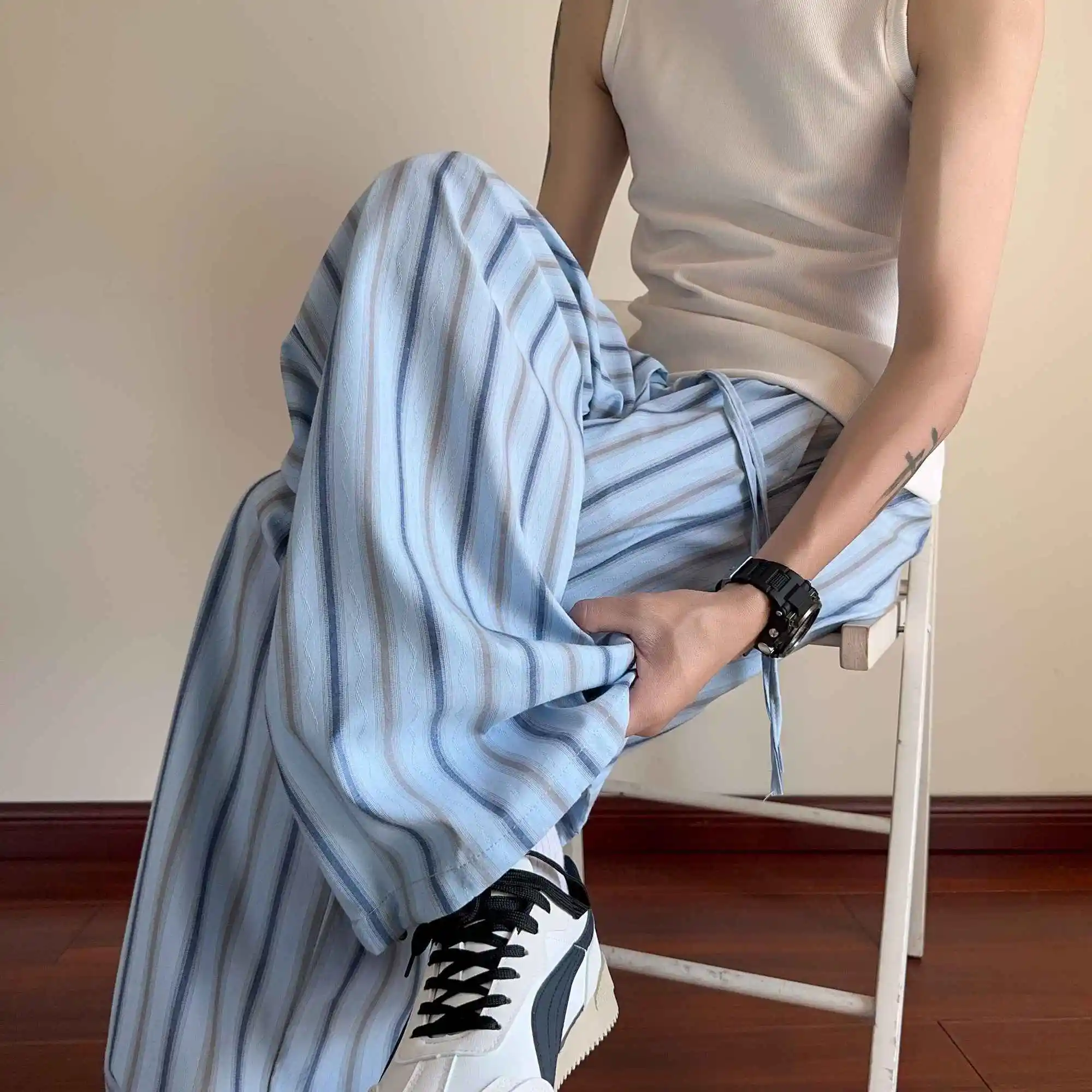 American Blue Vertical Striped Casual Pants Men'S Loose Ins Teenager Wide-Leg Pants