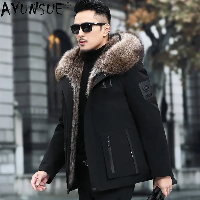 AYUNSUE-Parka en Fourrure Épaisse pour Homme, Veste Doublure en Fourrure de Raton Laveur, Manteau Chaud, Vestes Comband Courtes, SGG Casprogressif, Vêtements d'Hiver