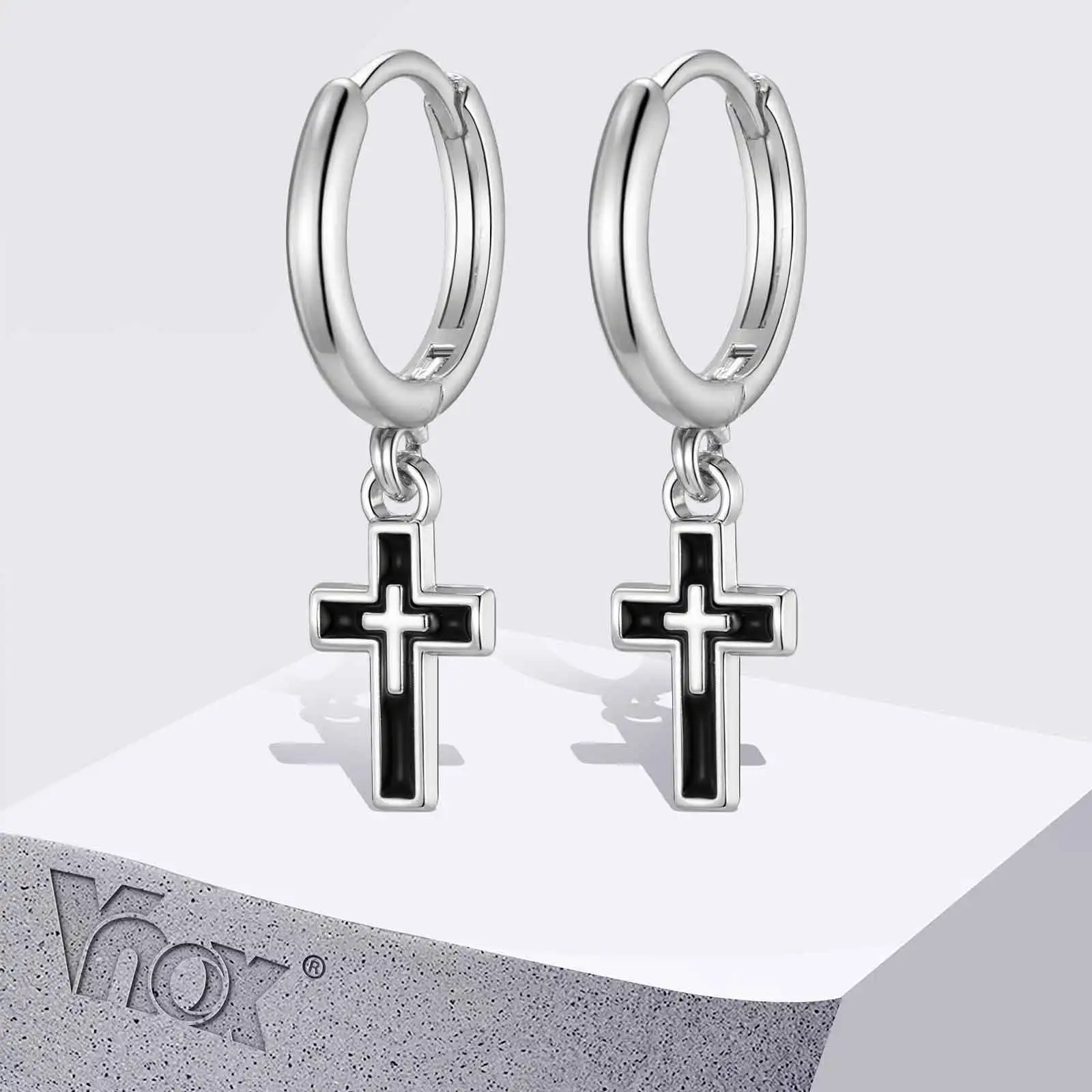 Vnox Simple Hip Hop Cross Huggies Hoop Earrings for Men Boys, Silver Color Piercing Dangle Drop Earring, Men's Jewelry Gifts