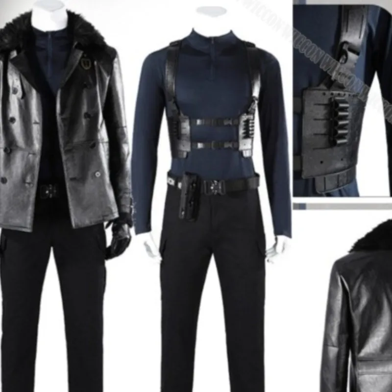 Fantasia Completa Resident Evil Leon: Casaco Escuro, Camiseta Slim-fit, Calça, Cinto e Luvas – Perfeita para Halloween, Comic Con e Festivais de Terror