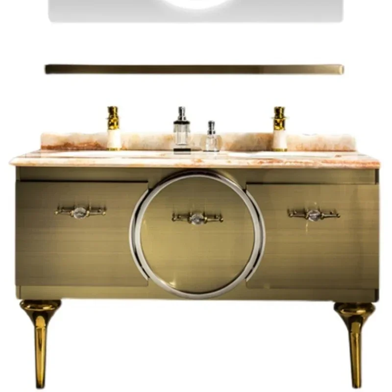 

Light Luxury Stainless Steel Bathroom Cabinet Combination Customized Washbasin Silent Style Golden Double Basin